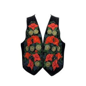 Handmade Womens Black Floral Embroidered Vest Bright Multicolor Design Sz L